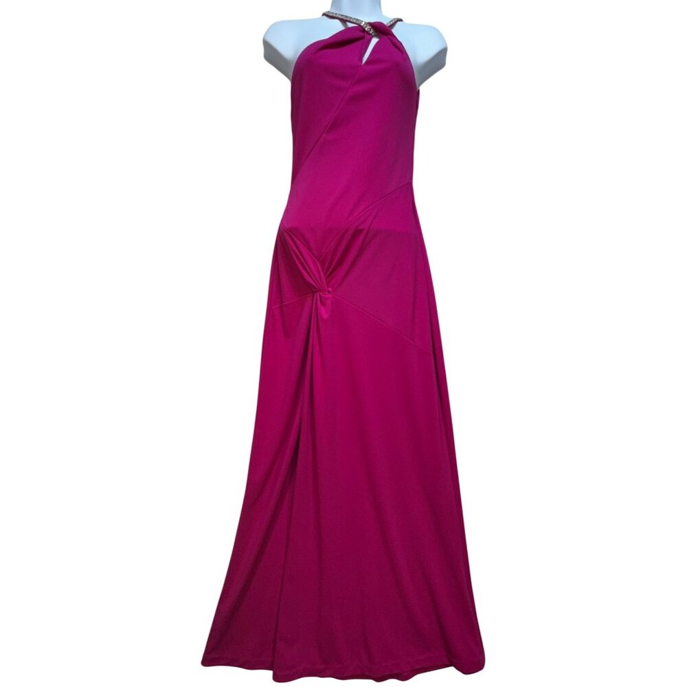 Blondie Nites Women Twist Waist Halter Maxi Dress Stretch Sz 3 Pink Sleeveless